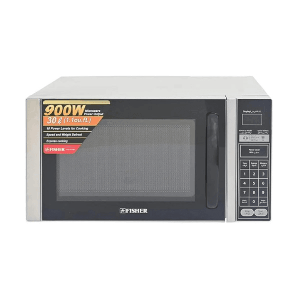 ميكرويف فيشر ديجيتال 30 لتر 6 مستويات للطبخ إزالة التجميد بالوقت 900 وات من الاستانلس ستيل فضي - FEM-S7530V