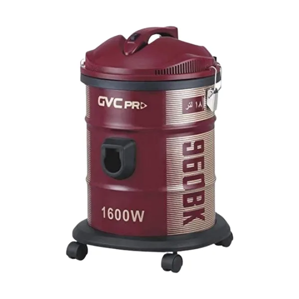 مكنسة برميل GVC PRO سعة 18 لتر 1600 وات لون احمر قادرة على تنظيف الأماكن الضيقة والصعبة الوصول - GVC-1600