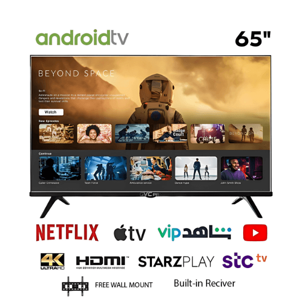 شاشة سمارت 65 بوصة GVC PRO سمارت 4K اندرويد 13 مع رسيفر وحامل جداري - GVC-65TUS5200