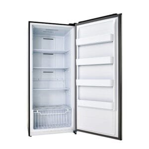 فريزر سوبر جنرال الرأسي مفتوح ويظهر الأرفف والأدراج الواسعة